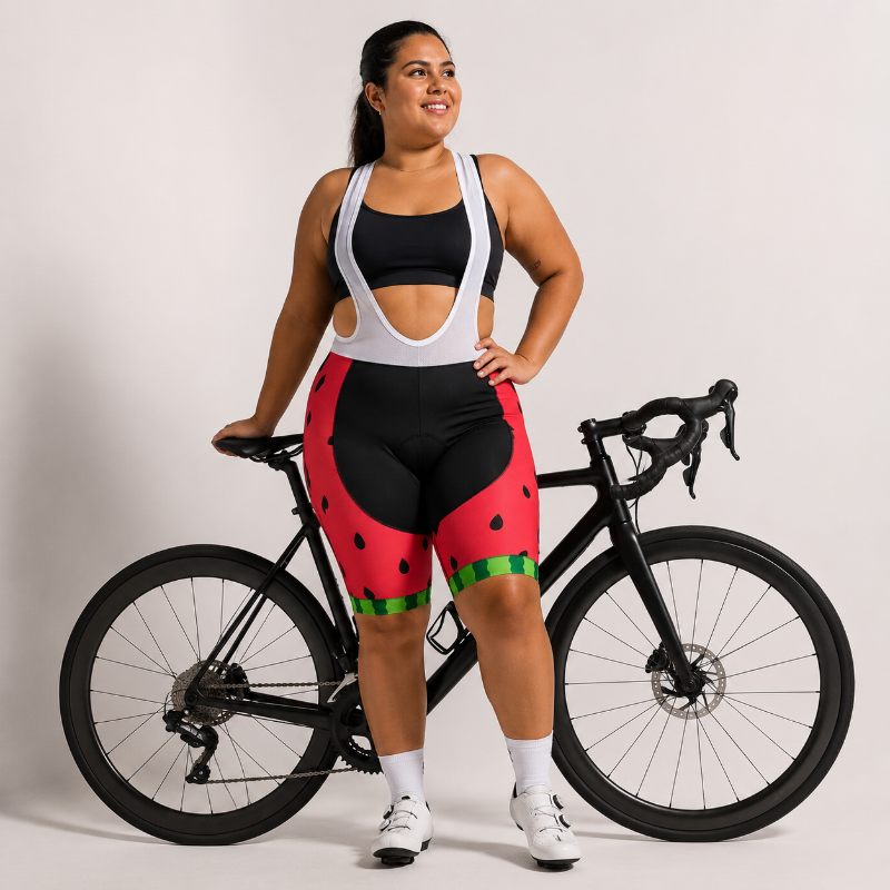 A woman stands next to a black road bicycle wearing a black and white cycling bib top and red watermelon-print cycling shorts with green rind details. She is posing in front of a light gray studio background.