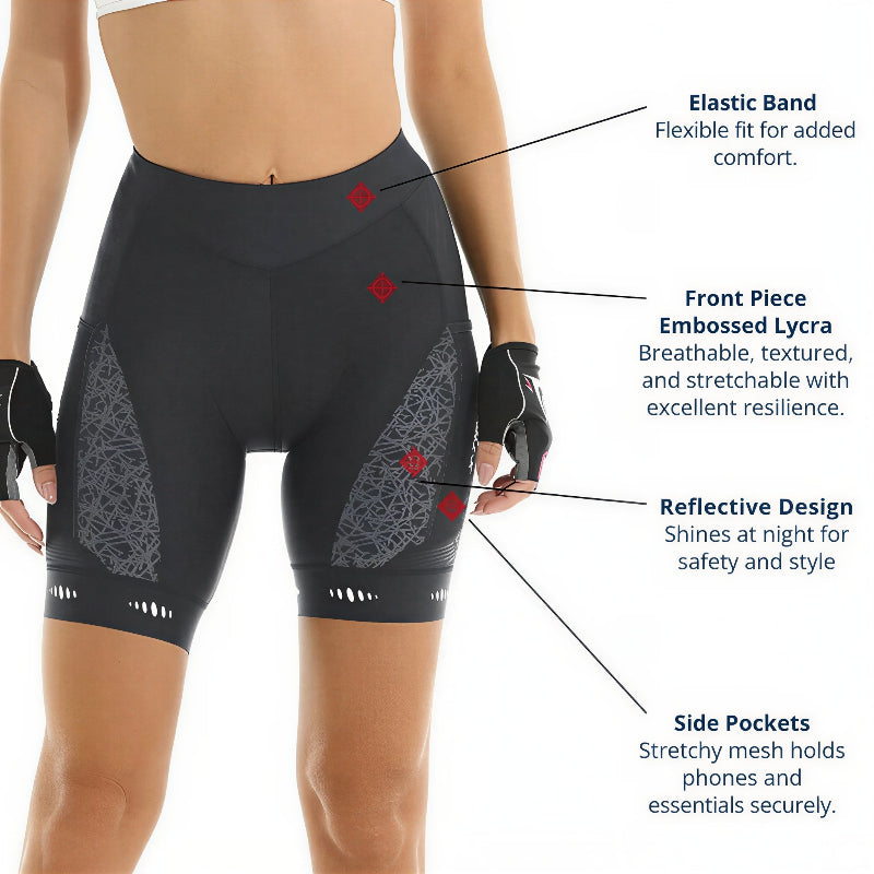 Black cycling shorts with features highlighted on a white background
