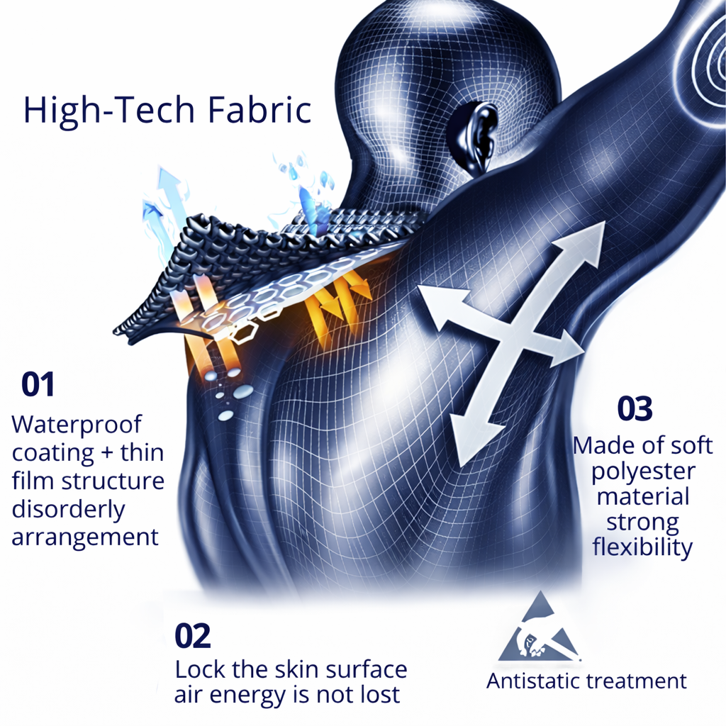 Illustration of high-tech fabric with features highlighted on a white background