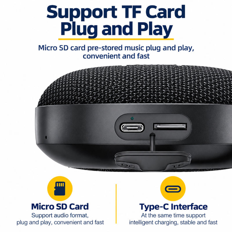 A close-up product feature graphic of a black portable speaker showing its ports, with text and icons explaining support for TF Card plug and play and a Type-C interface.