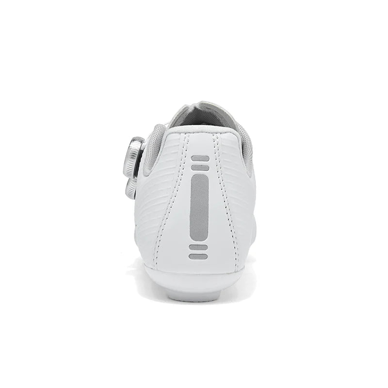White cycling shoe with a cleat on a white background
