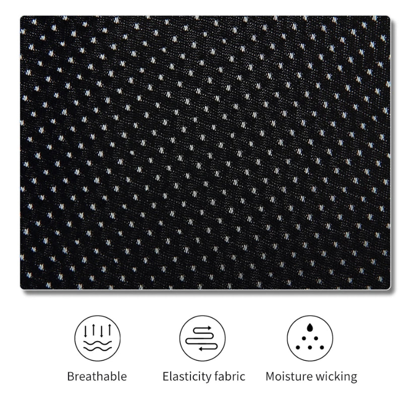 Black breathable small mesh fabric with icons indicating breathability, elasticity, and moisture wicking on a white background.