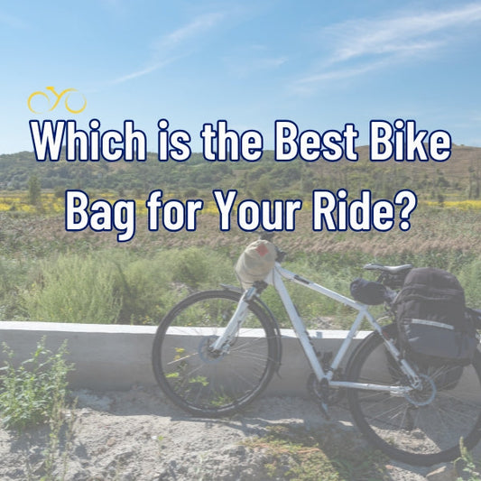 "Selection of five different bike bags including handlebar bags, saddle bag, waterproof bag, and cycling backpack, arranged under the title 'Which is the Best Bike Bag for Your Ride?' on a light background with a small yellow bike icon