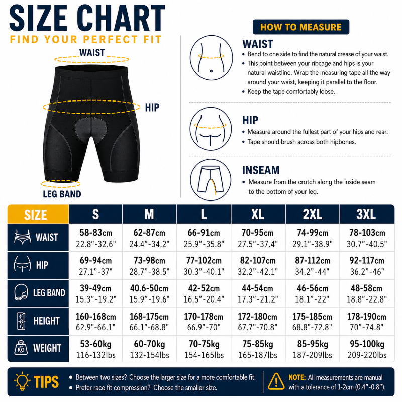 Size chart for athletic shorts with measurement guide and fitting tips.