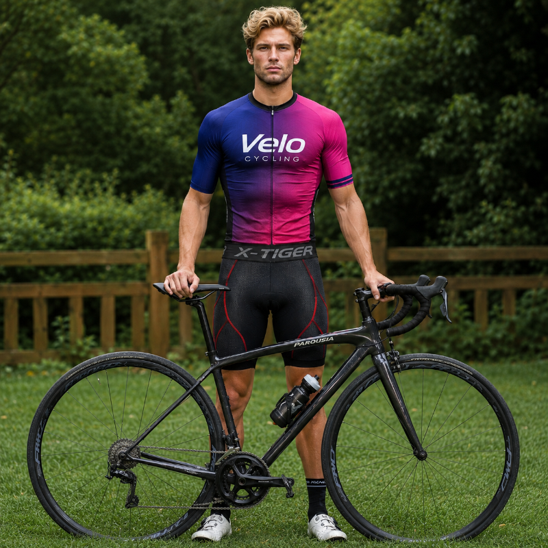 Man in Velo Cycling jersey holding a bicycle outdoors