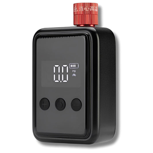 Black bike pump with digital display and red top on a white background