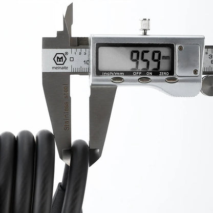 A digital caliper measuring a black cylindrical lock body, with text reading 'Reinforcement Lock Body' and 'More Secure And Secure' on a clean white background.