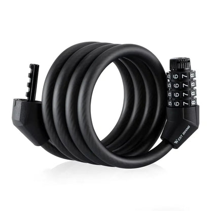Black coiled bike lock with a combination lock on a white background