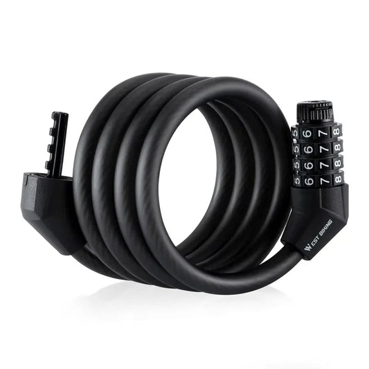 Black coiled bike lock with a combination lock on a white background