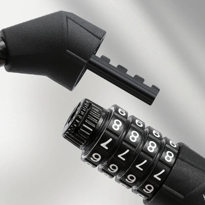 Close-up of a black cylindrical lock with a combination dial and a detached black lock core, shown on a light gray background with promotional text about zinc alloy and ABS password turntable.