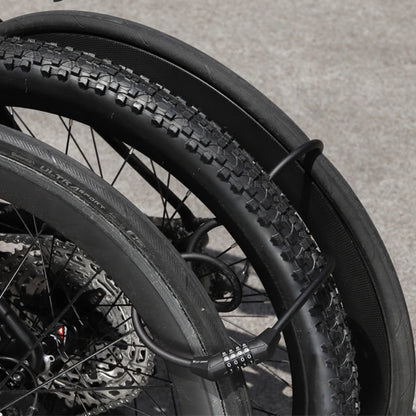 Bicycle locked with a chain lock on a concrete surface, with text indicating it can lock multiple bicycles simultaneously.