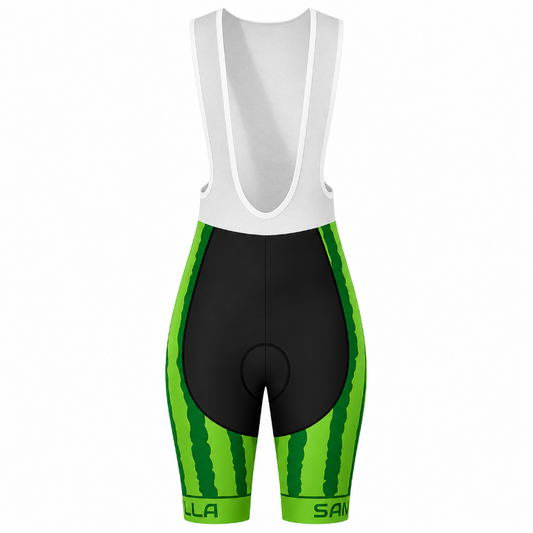 A pair of cycling bib shorts with a watermelon print design, featuring a white bib upper section, a black central padding area, and bright green and dark green striped sides, shown against a plain white background.