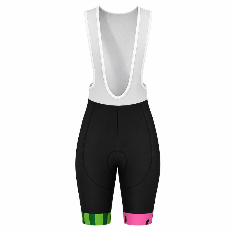 Black cycling bib shorts with a white bib upper section and colorful leg cuffs, shown on a plain white background.