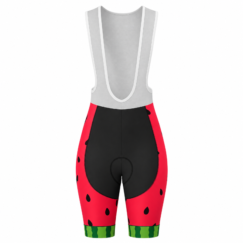 Rear view of cycling bib shorts with a watermelon print. The shorts feature a light gray bib upper section with white trim, a black center panel, and red side panels printed with black watermelon seeds and green striped rinds at the bottom.