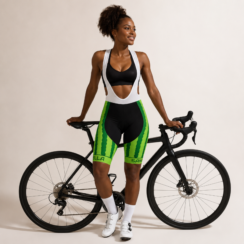 A woman stands next to a black road bike wearing a black and white cycling sports bra and matching black and green bib shorts. The shorts feature green vertical stripes and green side panels