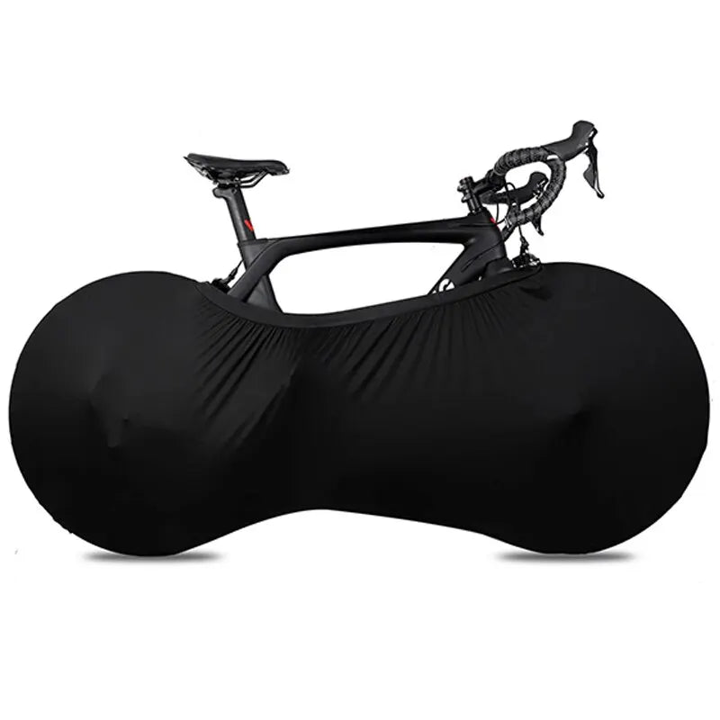 Black bicycle cover draped over a road bike on a white background