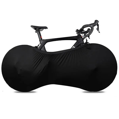 Black bicycle cover draped over a road bike on a white background