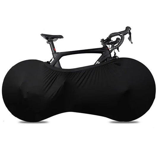 Black bicycle cover draped over a road bike on a white background