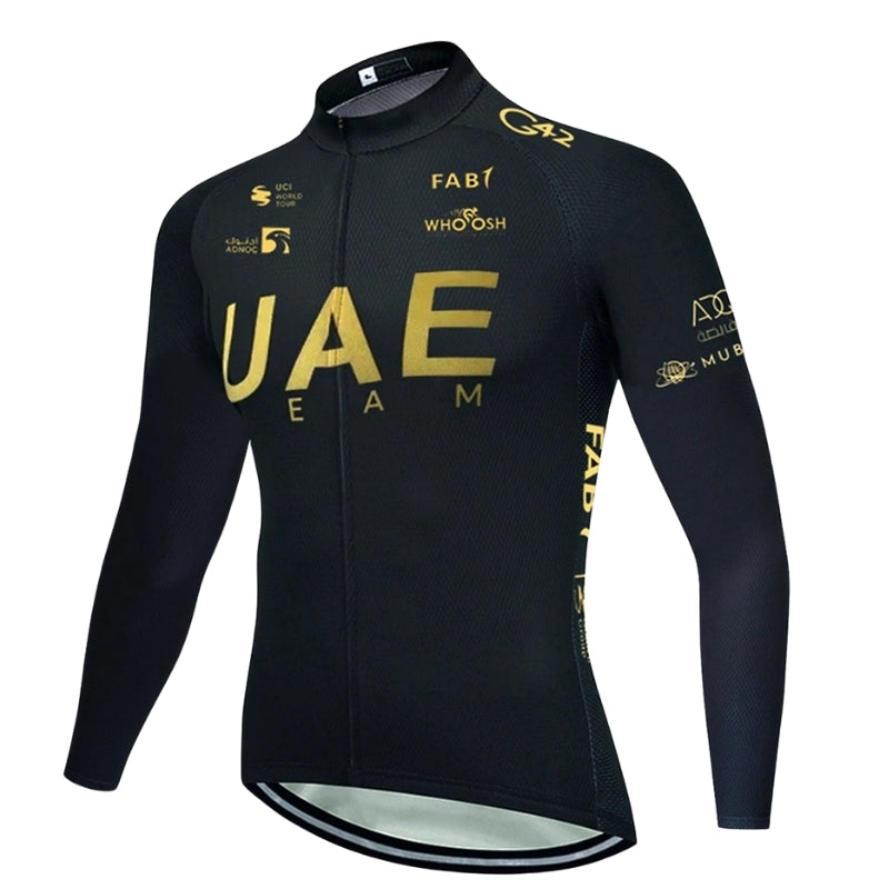 Black cycling jersey with gold text and branding on a white background