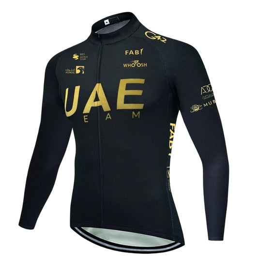 Black cycling jersey with gold text and branding on a white background