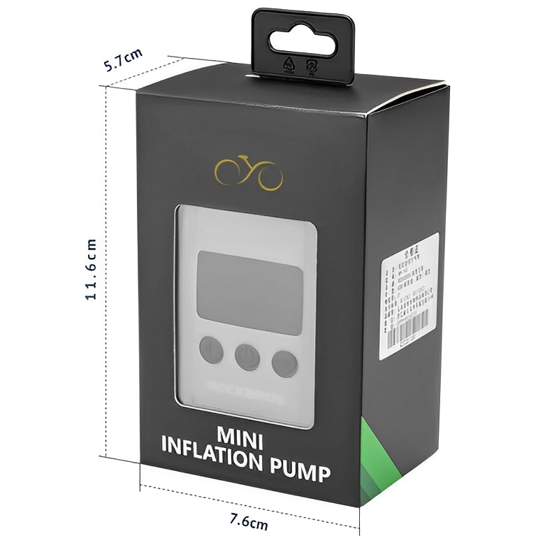 Box packaging of a mini inflation pump with dimensions and brand logo.