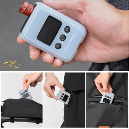 Digital weight scale held by a hand with close-up shots of usage on bags.