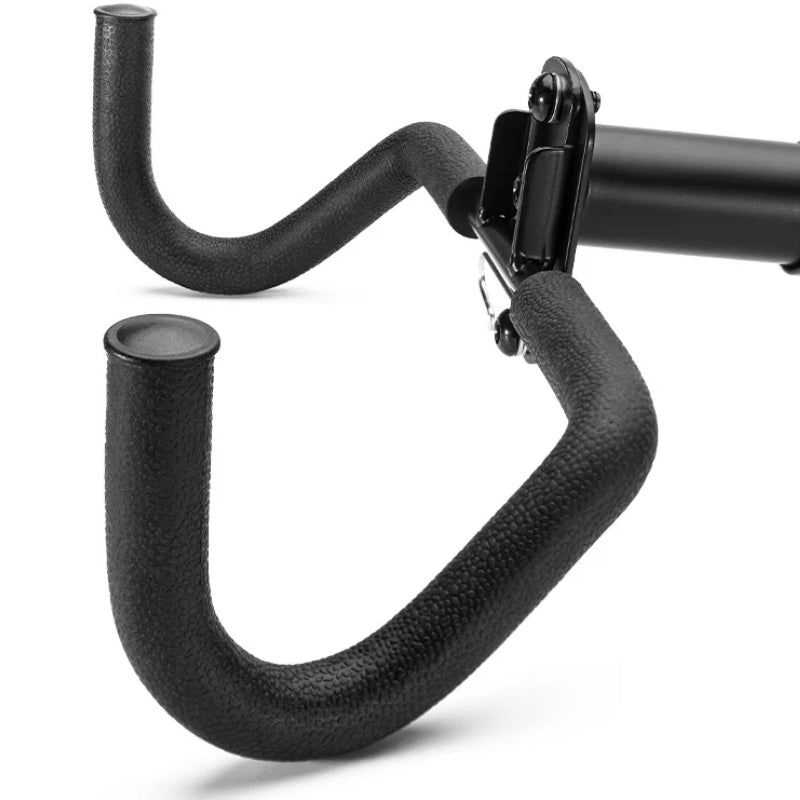 Close-up of a black bicycle handlebar with a white background