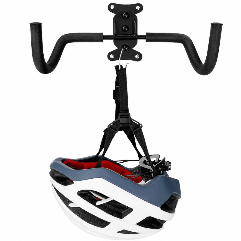 A bicycle helmet hanging from a black handlebar mount on a clean white background. The helmet is white and slate blue with a red interior lining.