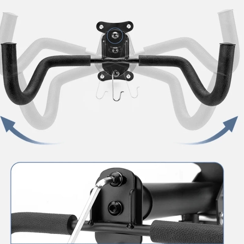 Bicycle handlebar with adjustable stem and camera mount, showing rotation and close-up details.