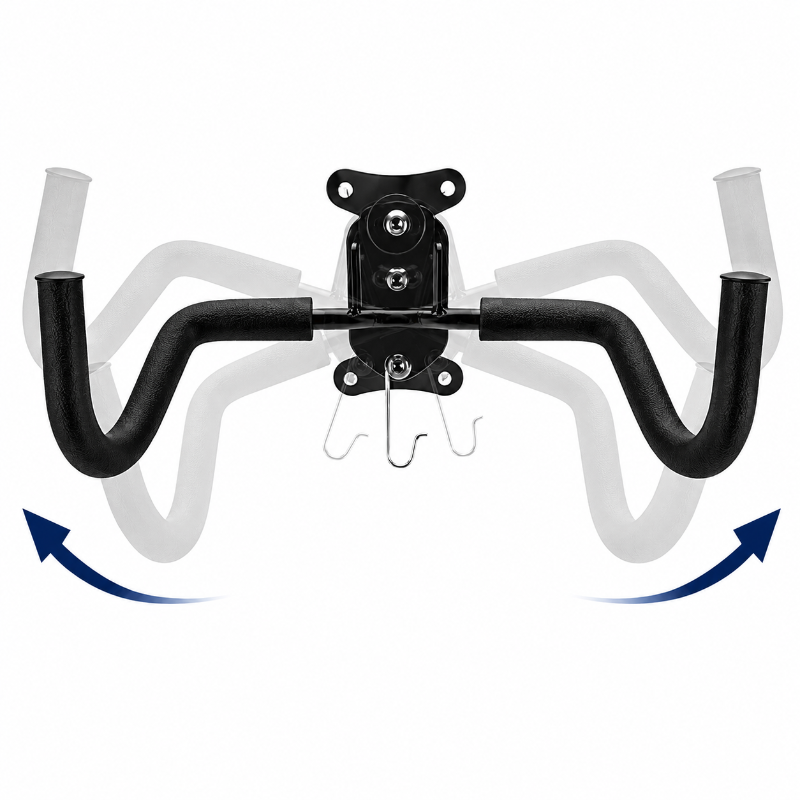 Black bicycle handlebar clamp with mounting hardware, shown on a white background with a faint duplicate handlebar graphic and blue adjustment arrows.
