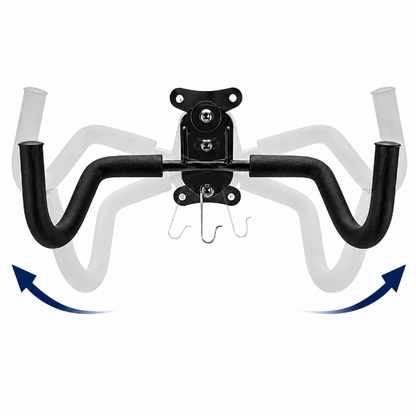 Black bicycle handlebar clamp with mounting hardware, shown on a white background with a faint duplicate handlebar graphic and blue adjustment arrows.