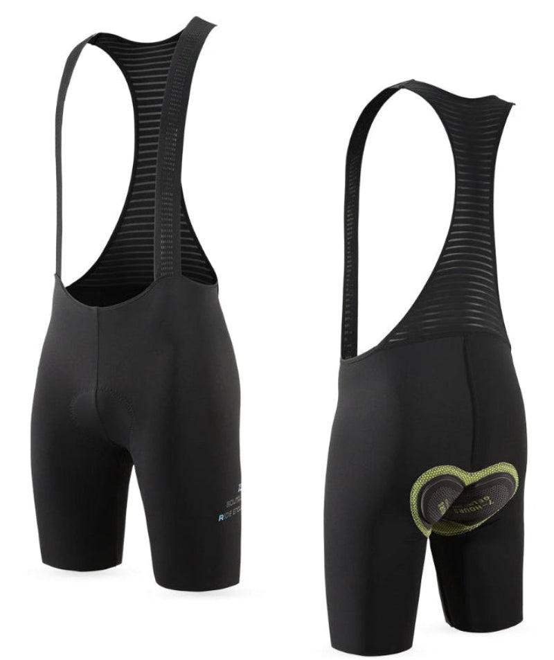 Black cycling bib shorts shown from front and back on a white background
