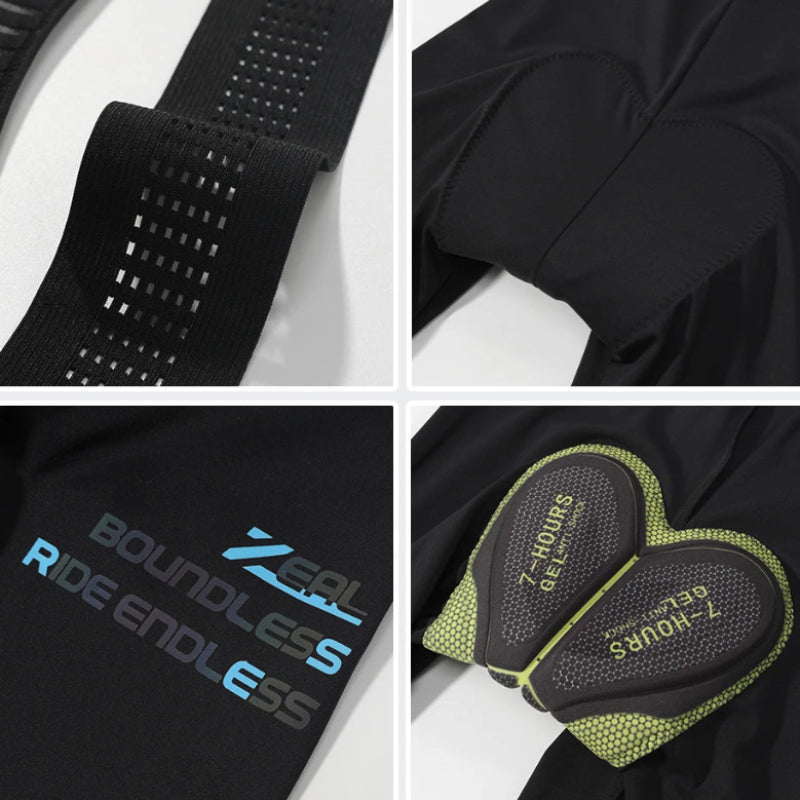 Collage of close-up details of a black bib shorts 