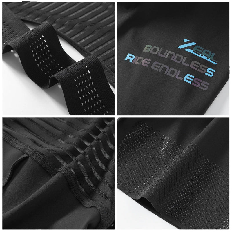 Collage of black athletic shorts with text and mesh details on a white background