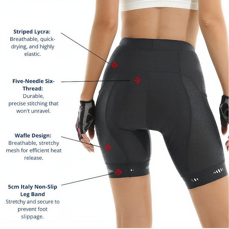 Black cycling shorts with text detailing features on a white background