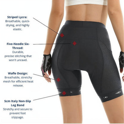 Black cycling shorts with text detailing features on a white background