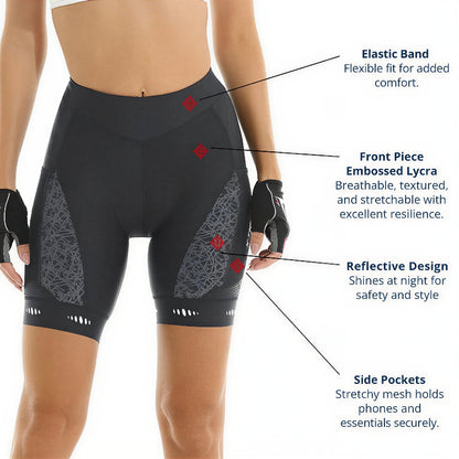 Black cycling shorts with features highlighted on a white background