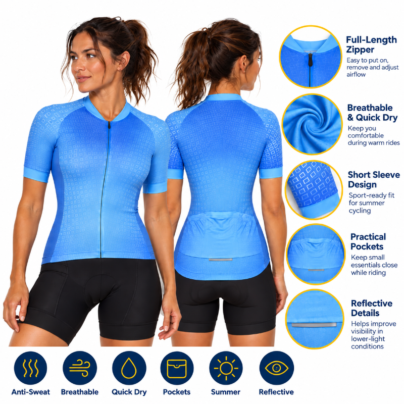 A woman modeling a bright blue short-sleeve cycling jersey shown from the front and back, alongside circular detail callouts and feature icons for zipper, breathability, pockets, and reflective details.