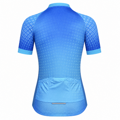 A blue short-sleeve cycling jersey shown from the back, featuring a subtle geometric pattern and a rear utility pocket, on a solid white background.