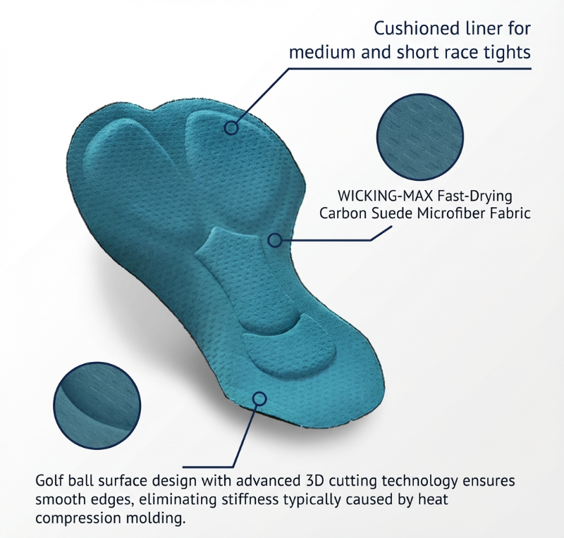 Blue cushioned liner for medium and short race tights with text detailing features, on a white background.