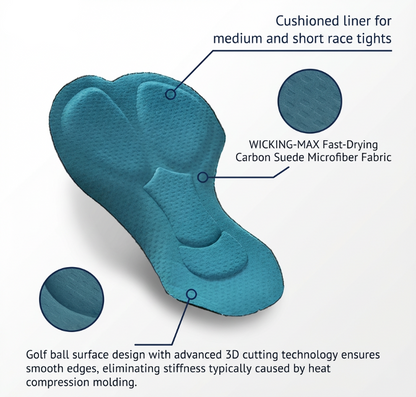 Blue cushioned liner for medium and short race tights with text detailing features, on a white background.