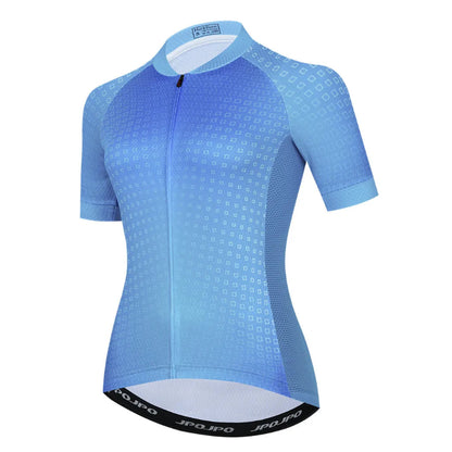 Blue cycling jersey with geometric pattern on a white background