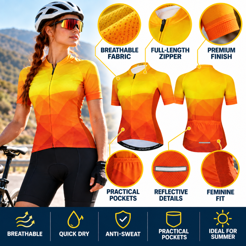 A woman wearing a short-sleeve gradient cycling jersey in yellow, orange, and red, shown with feature callouts and close-up detail circles. The image includes text highlighting attributes such as breathable fabric, full-length zipper, premium finish, practical pockets, reflective details, and feminine fit.