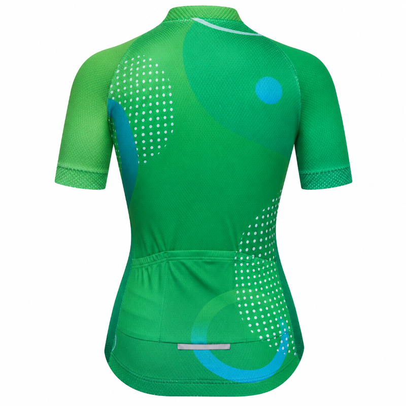 A women's short-sleeve cycling jersey shown from the back, featuring a vibrant green base with abstract geometric patterns in light blue and white.