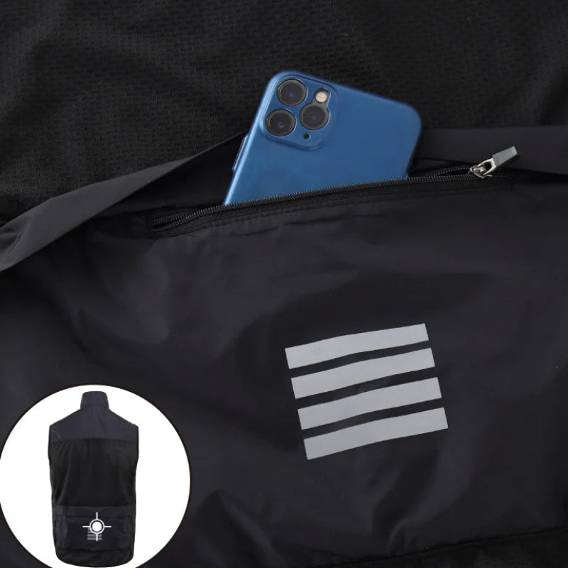 Black backpack with a phone in the pocket