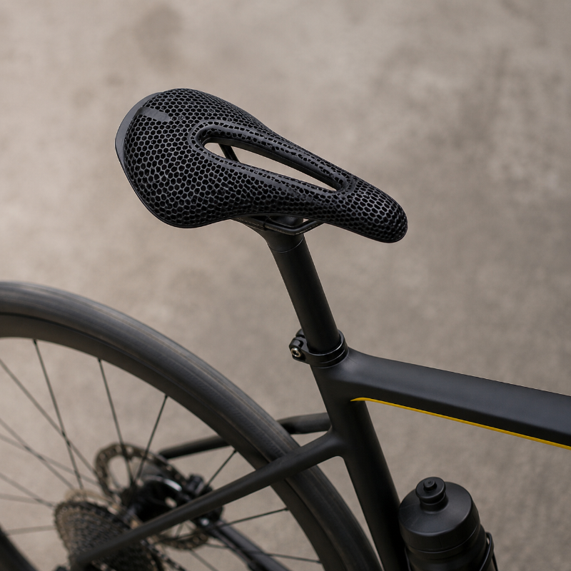 Close-up of a black bicycle saddle mounted on a matte black bicycle frame, with part of the rear wheel and a water bottle visible against a neutral concrete background.