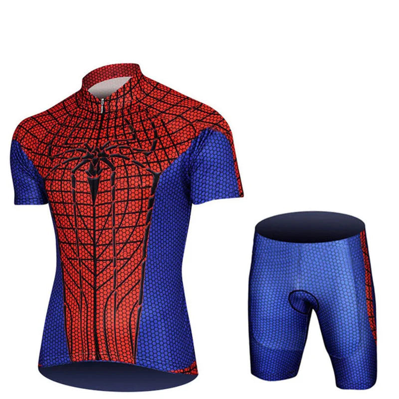 Children's Spider-Man cycling jersey and shorts with sponge gel padding on a white background.