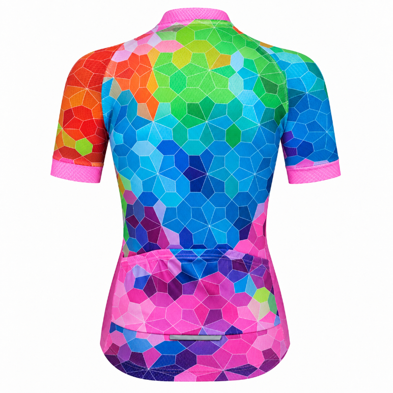 Short-sleeve cycling jersey shown from the back, featuring a vibrant geometric hexagonal pattern in a rainbow gradient of red, orange, green, blue, and pink on a white background.