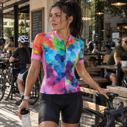A woman wearing a colorful geometric print cycling jersey and black cycling shorts stands next to a bicycle in an outdoor cafe setting.