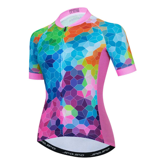 Colorful geometric patterned cycling jersey on a white background